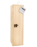 A pine wood gift box with a slot to hold a 750mL wine bottle, featuring a metal clasp and a white label on top.